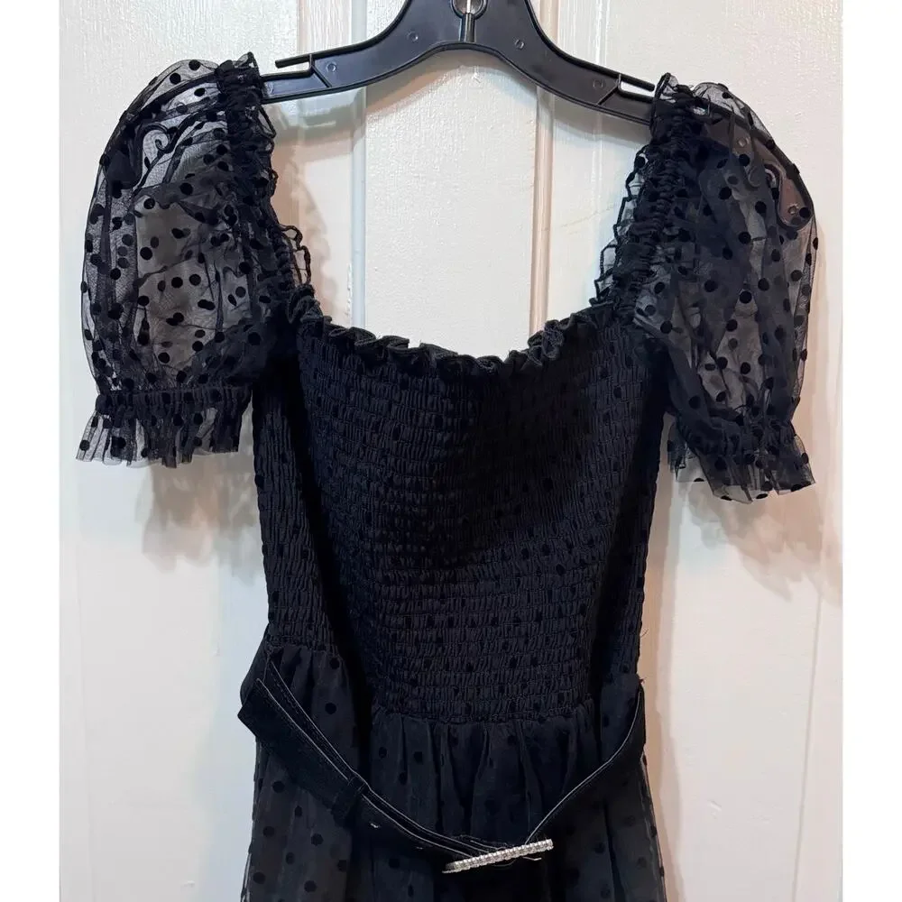 NWT Rebecca Vallance Black Sheer Tulle Belted Bodysuit Midi Tiffani Dress Size 8 - Picture 6 of 16